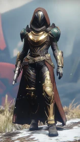 Hooded exo-ranger in gold-trimmed ballistic combat armor.
