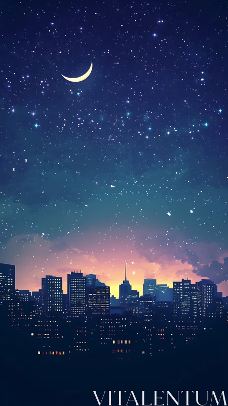 Crescent moon over luminous dusk skyline in stylized nightscape.