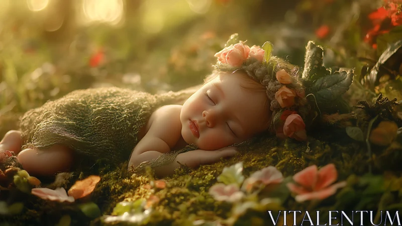 Sleeping baby lies on moss in soft golden forest light