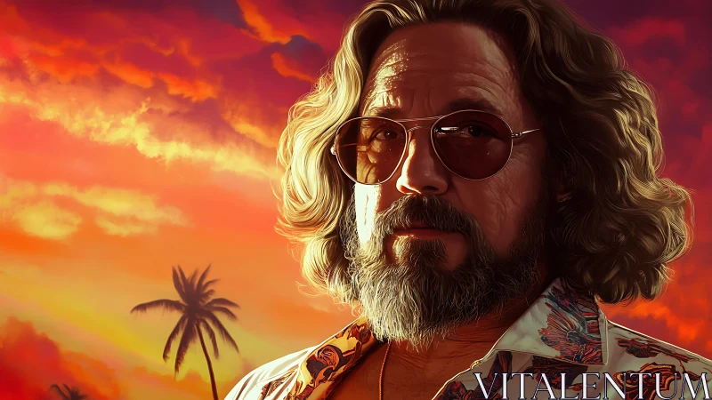 Digital painting portrait under saturated tropical sunset sky.