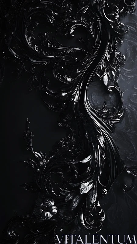 Baroque black floral relief with sculpted high-gloss curvature.