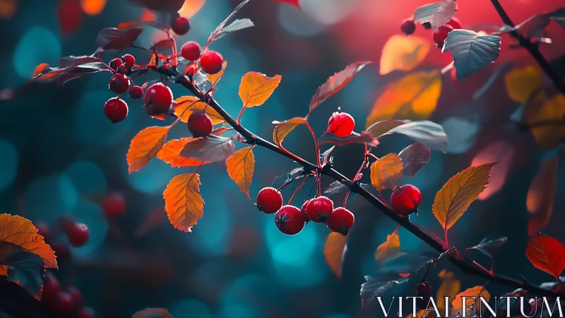 Crimson berries quietly orbit through teal and ember twilight