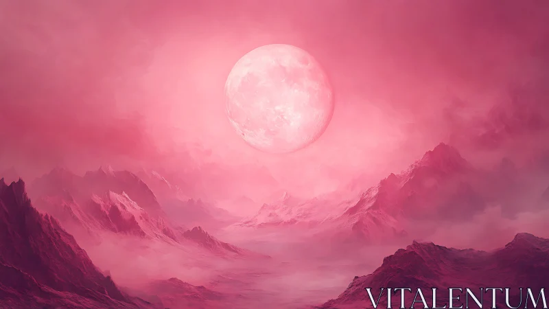 Blush-tinted moon hangs above misty mountains in silent glow