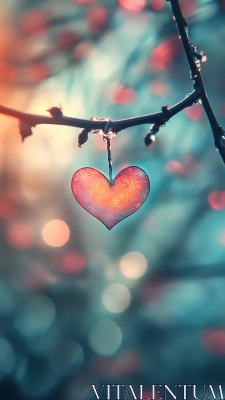 Red Heart Suspended on Frost-Covered Branch.