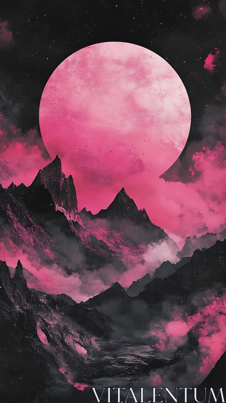 Crimson moonrise over vaporous midnight mountain corridors.