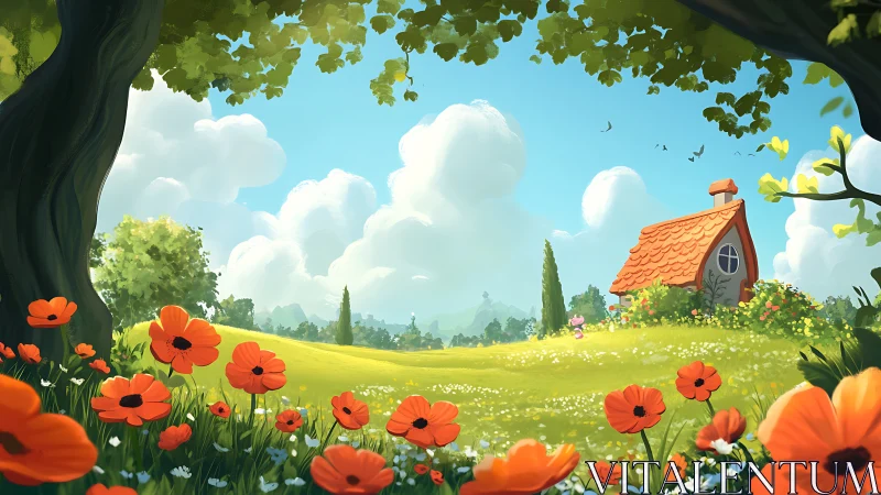 Poppy-bright meadow cradles a crooked-roofed cottage dream