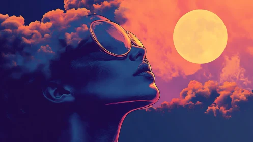 Silhouetted profile contemplates vivid neon clouds and moon