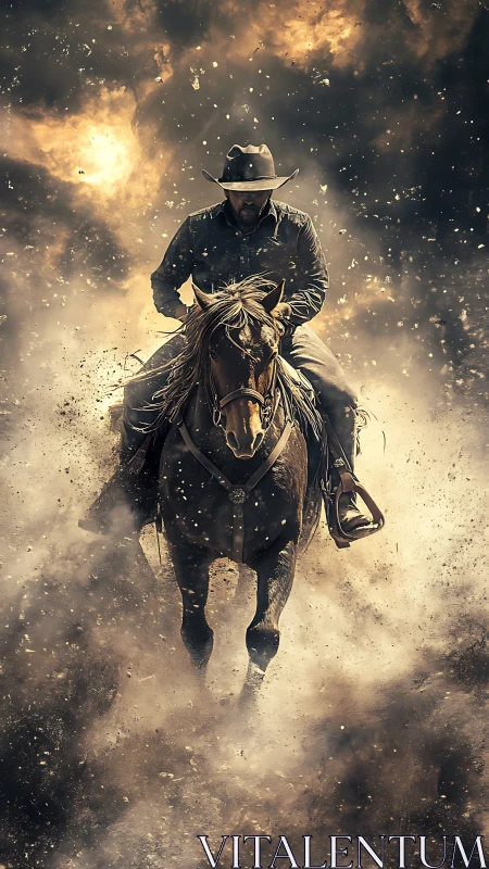 Lone cowboy on galloping horse emerges through explosive dust