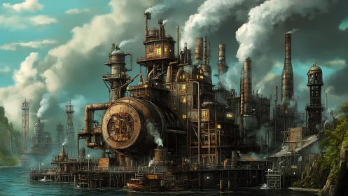 Steampunk coastal refinery with towering smokestacks at dusk.