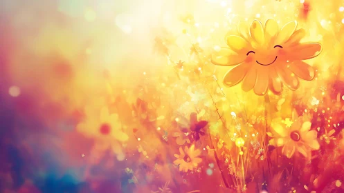 Smiling golden daisy in radiant bokeh meadow glow.