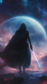 Hooded figure with energy sword on glowing alien terrain.