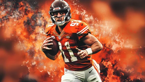 Gridiron player holding football amid orange abstract field.