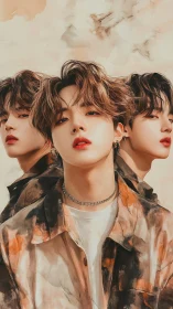 Stylized triple portrait of young man in warm tones.