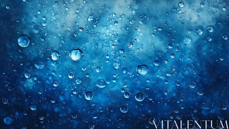 Macro water droplets over deep blue abstract backdrop.