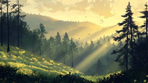 Golden Rays Paint the Misty Forest Deep with Light and Shadow