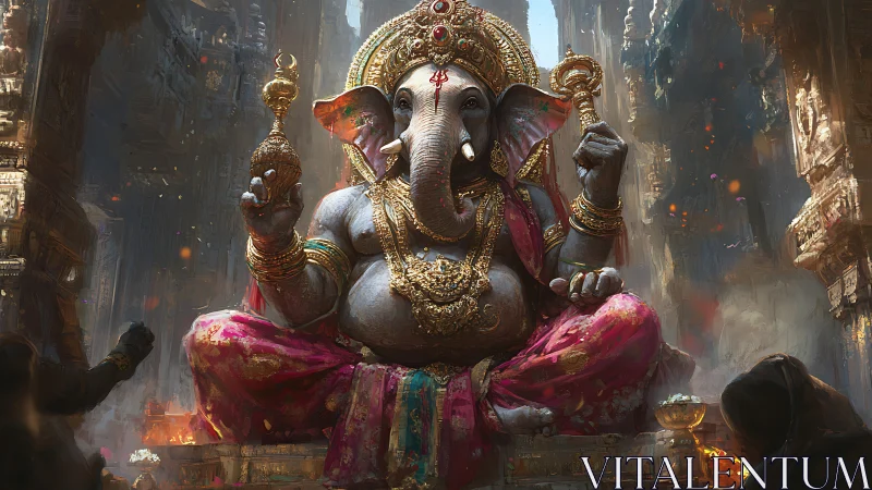 Radiant elephant deity resting amid glowing temple streets.