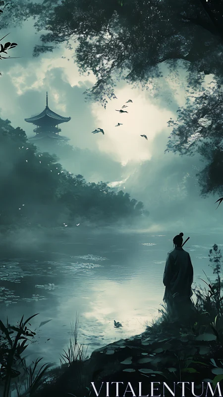 Solitary samurai observes misted lake beneath distant pagoda