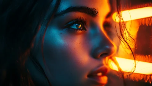 Neon-kissed gaze in electric blues and molten gold glow.