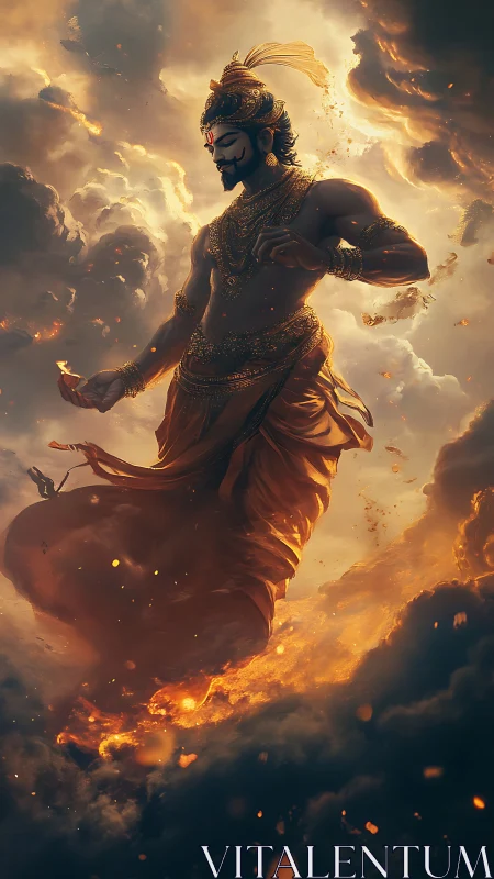 Majestic celestial warrior drifting through glowing clouds.