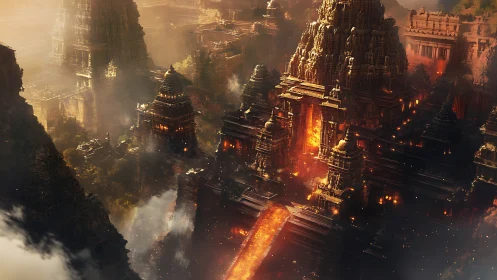 Volcanic-lit step temple megastructure in atmospheric ruins.