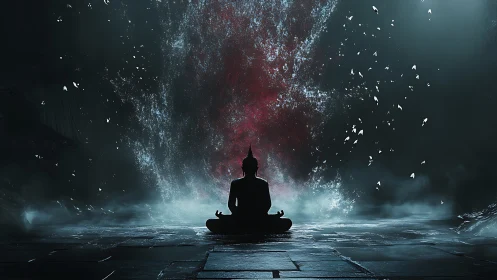 Silhouetted meditating figure before luminous cosmic vortex