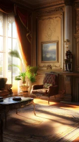 Sunlit rococo salon with gilded wall panels and tufted leather chair