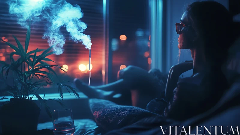 Neon midnight reverie with smoke, city lights, and quiet doubts.