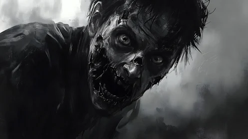 Monochrome close-up portrait of decaying undead figure