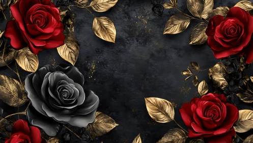 Red and Black Roses with Gold Leaves on Dark Surface.