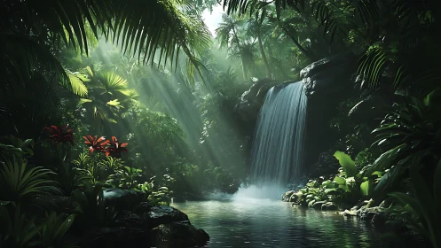 Lush jungle waterfall pool under strong morning sunlight.