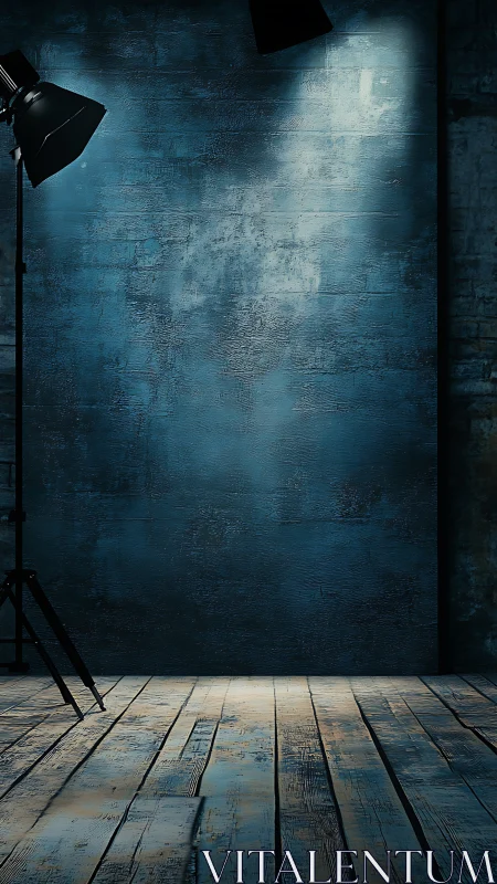 Moody studio backdrop with spotlight on blue concrete wall.