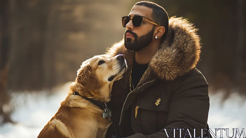 Winter portrait of stylish man and loyal golden retriever.
