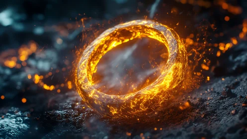 Glowing Ring of Fire Against Dark Stone and Ash