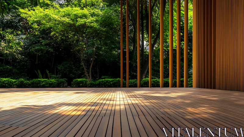 Sunlit timber terrace opening softly into lush green forest.