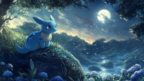 Blue creature on forest rock under moonlit night sky.