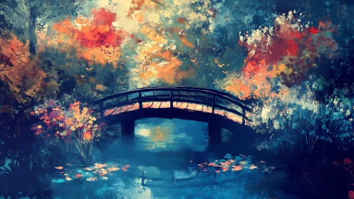 Arched wooden bridge spans reflective pond amid saturated autumn foliage