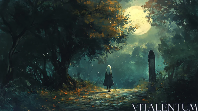 Lone figure beneath luminous moon on misted forest path.