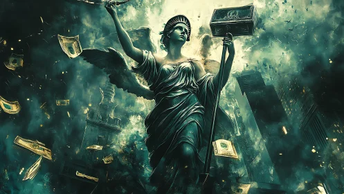 Winged statue of justice rising through a storm of money.