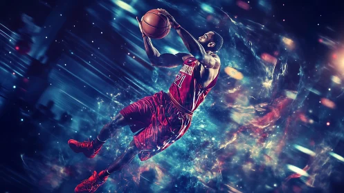 Dynamic cosmic basketball dunk in neon motion blur composition