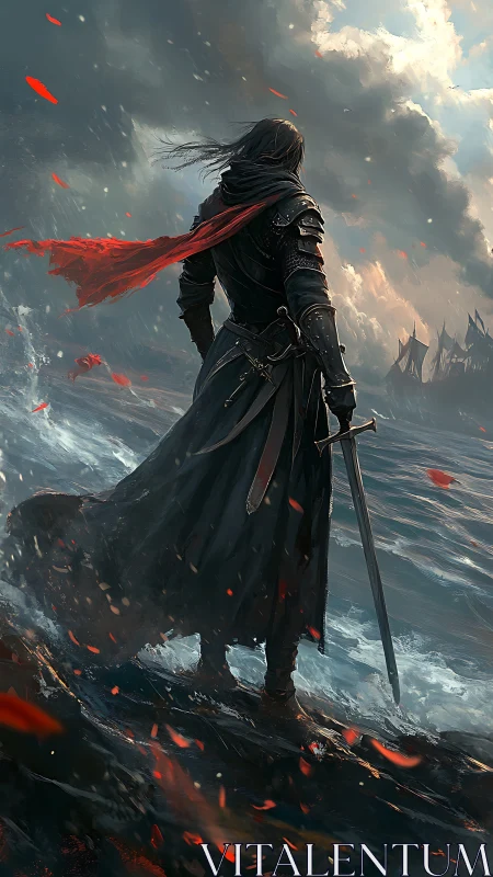 Digital painting of lone dark knight on storm-lashed shoreline.