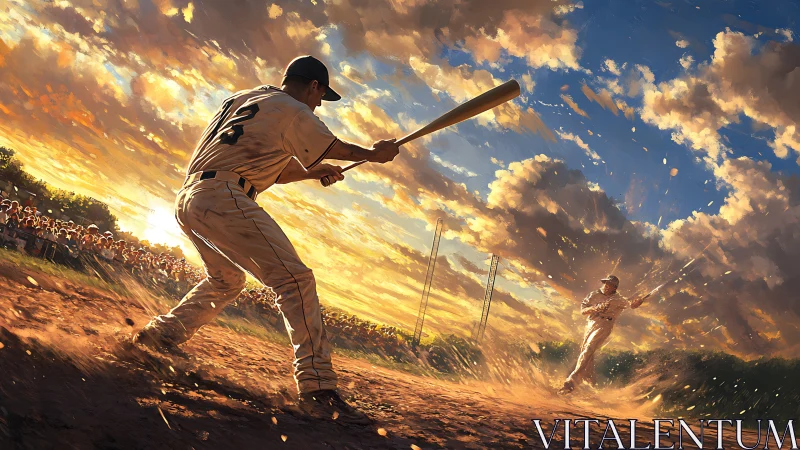 Sunset baseball showdown bursting with dust and energy.