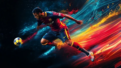 Soccer player in motion with abstract color streaks background.