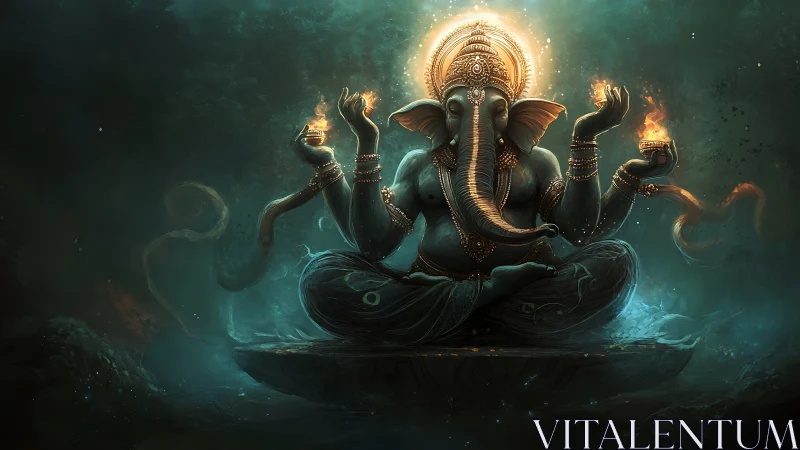 Cosmic elephant sage radiates firelit serenity in teal haze.