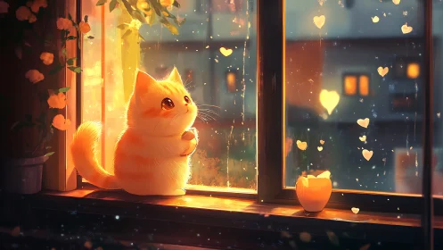 Luminous Feline Vigil: Heart-Rain Against the Evening Glow.