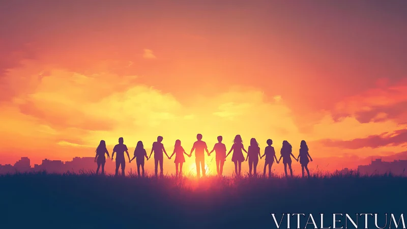Silhouetted diverse group unites against radiant sunset horizon.