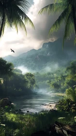Tropical river valley cuts through misty jungle mountains