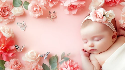 Sleeping Infant Surrounded by Botanical Florals and Butterflies.