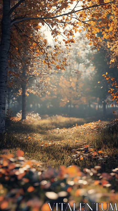 Golden Autumn Forest Path Through Mist.