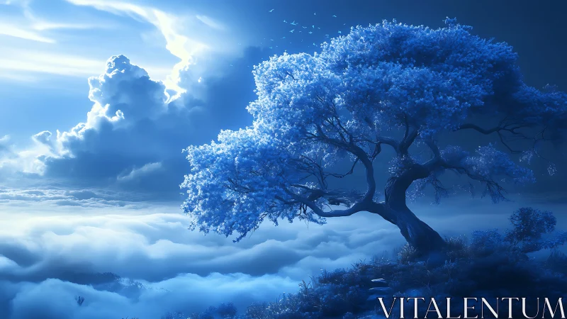 Moonlit blue tree rises above a luminous ocean of clouds