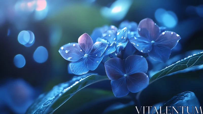 Blue Hydrangea Flowers Glistening with Dewdrops